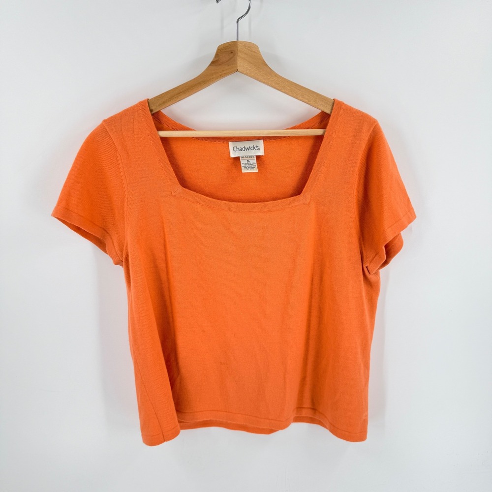 Vintage Chadwick's  100% Merino Wool Short Sleeve Orange XL Square Neck Knit Top